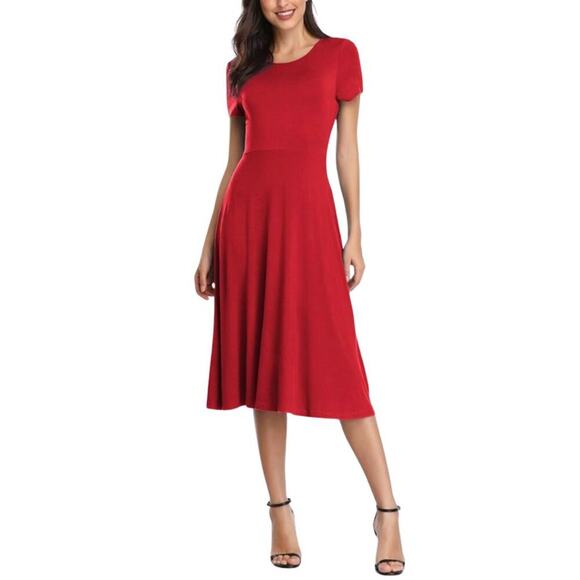 Urban Coco Short Sleeve High Waist Flared Midi Dress Red S - Picture 1 of 10